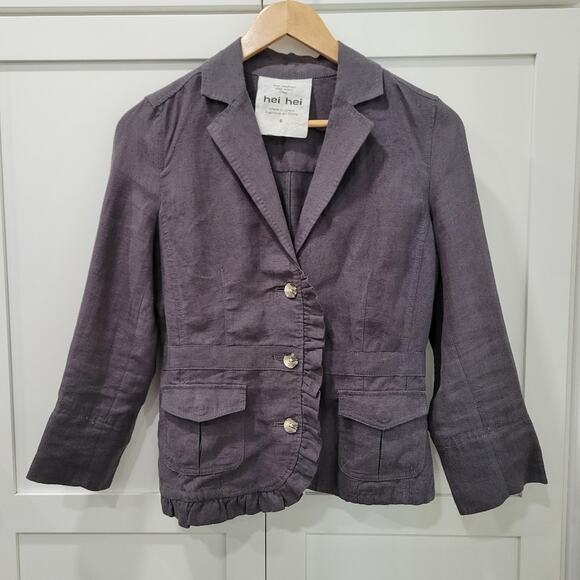 Anthropologie HEI HEI Landmark 3 Button Ruffled 100% Linen Blazer Jacket Size 6 - Picture 2 of 11